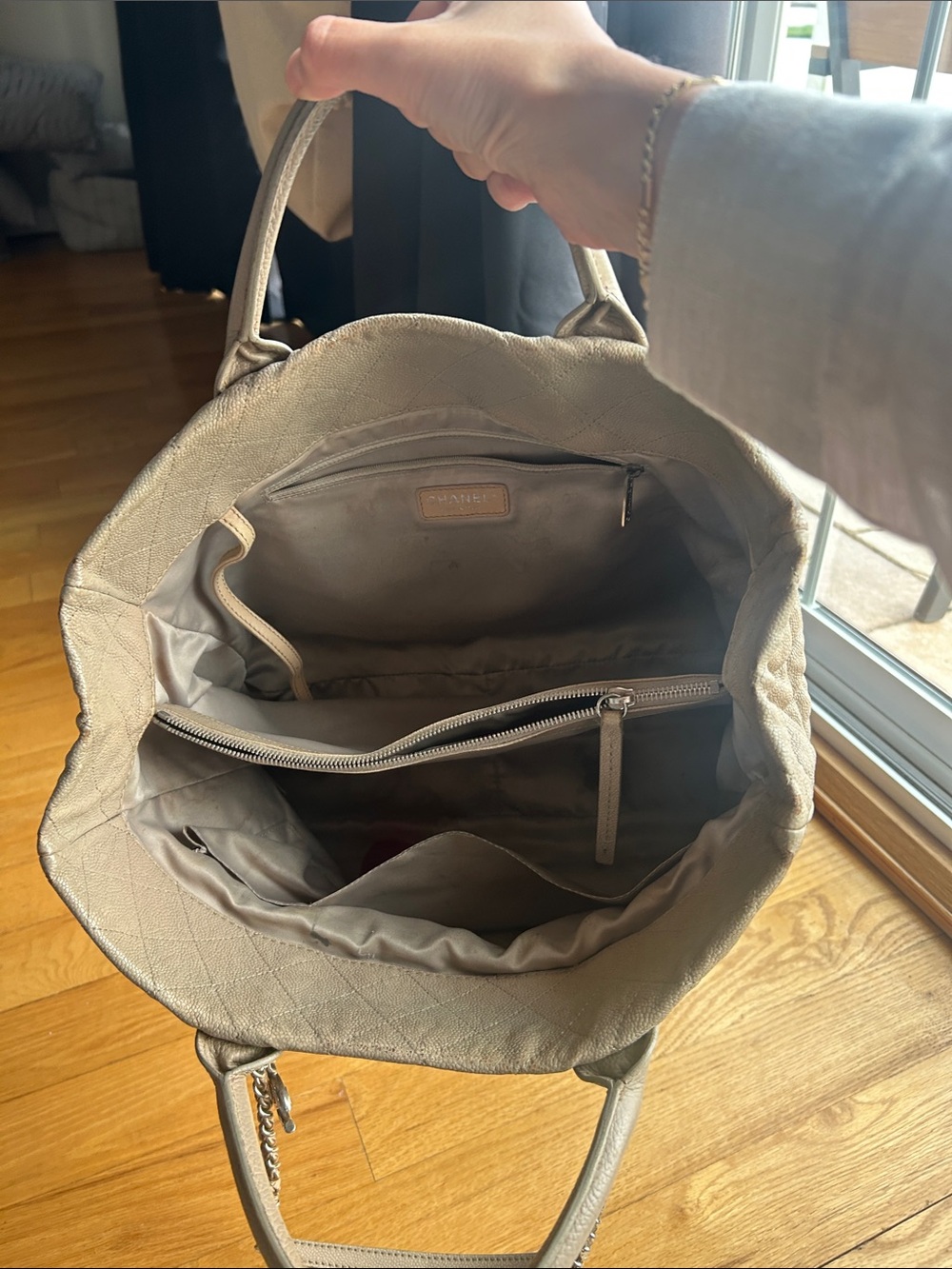 CHANEL Quilted Shoulder Tote - Light Gray with Pink Accent - Picture 10 of 10
